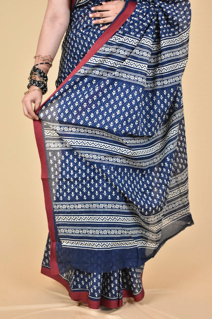 Indigo Dusk Block Printed Cotton Saree