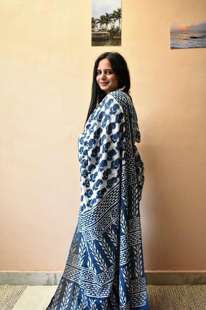 Indigo Tales - Hand Block Printed Mul Cotton Saree
