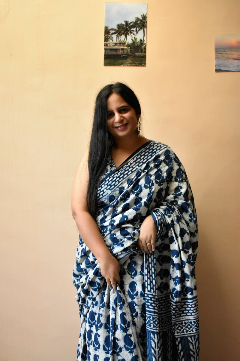 Indigo Tales - Hand Block Printed Mul Cotton Saree