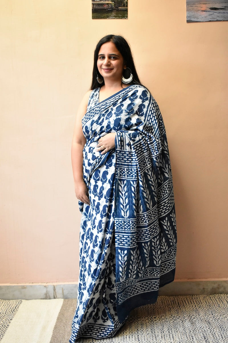 Indigo Tales - Hand Block Printed Mul Cotton Saree