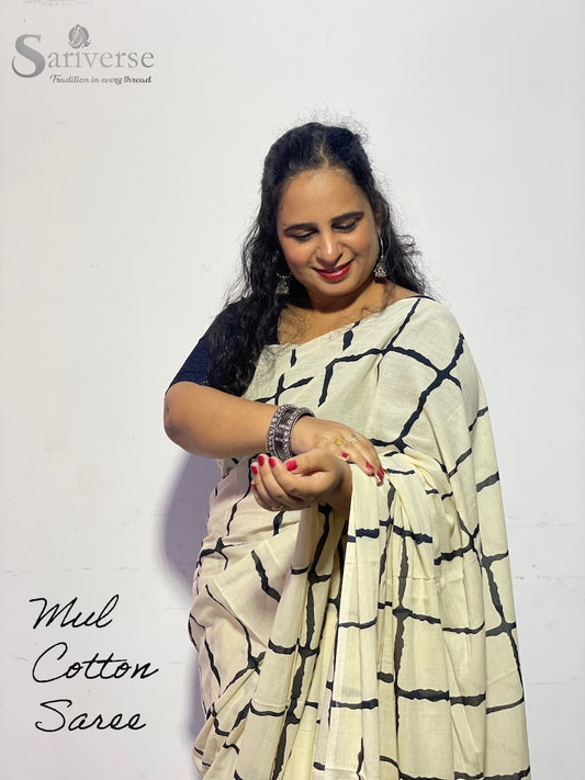 Ivory Grid Mul Cotton Saree