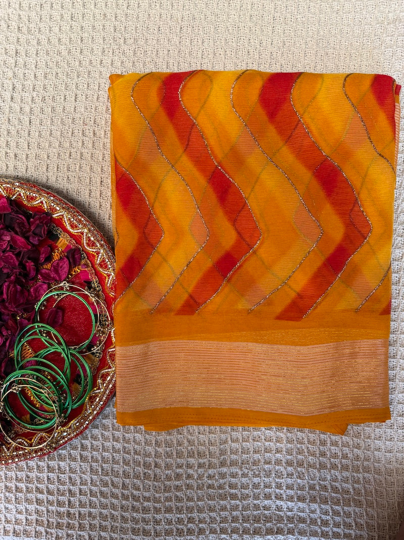 Kesariya Sparkle Hand-Dyed Leheriya Saree