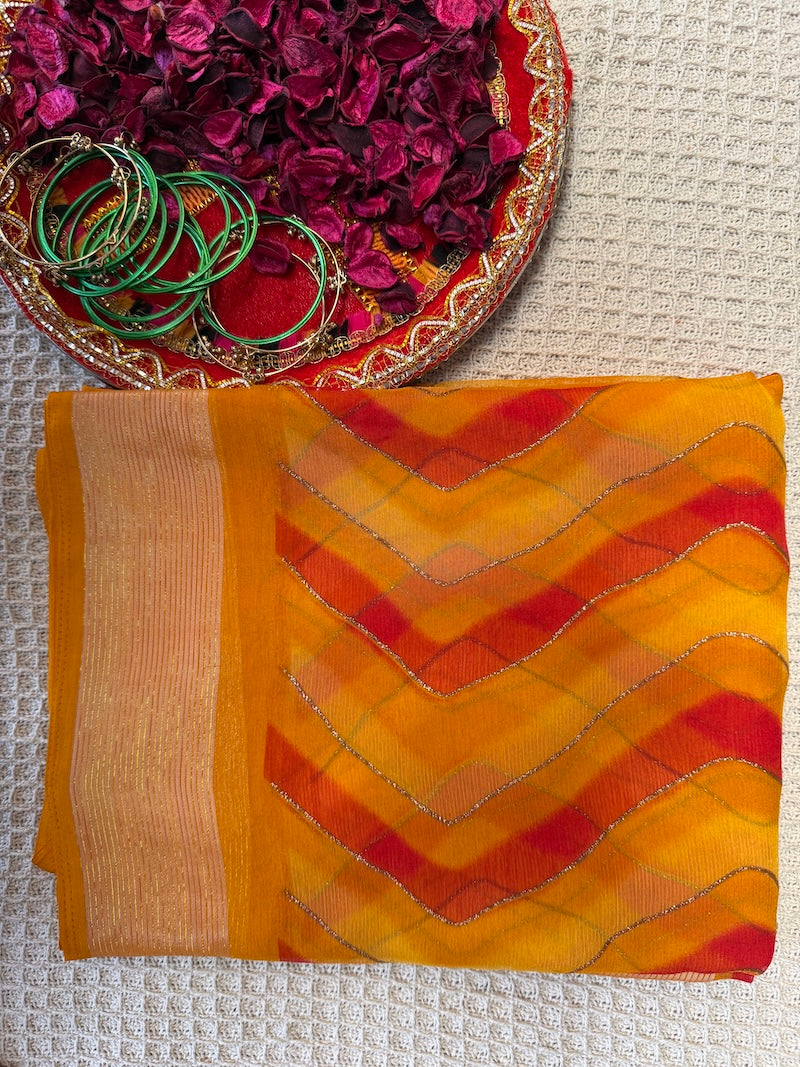 Kesariya Sparkle Hand-Dyed Leheriya Saree