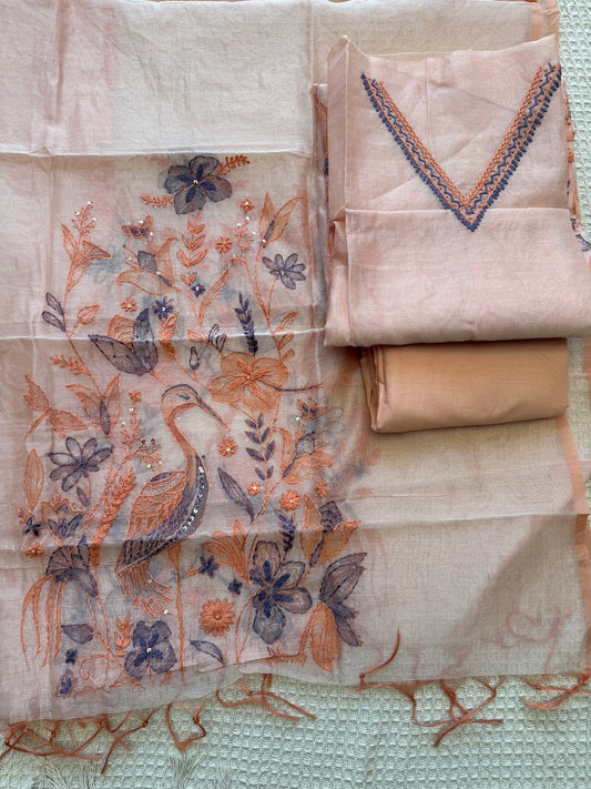 Parinda Bagh Kota Silk Embroidered Suit Set - Peach | Sariverse