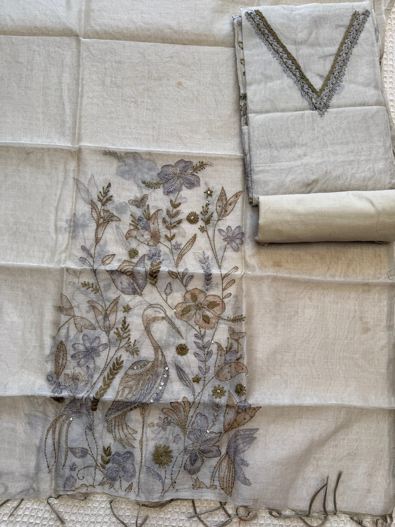 Parinda Bagh Light Beige Kota Silk Suit Set | Sariverse