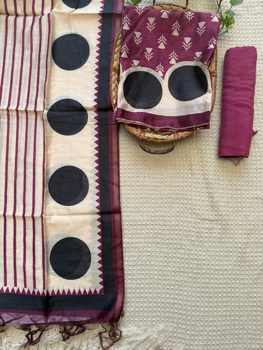 Maheshwari Silk Suit Set in Wine and Ivory