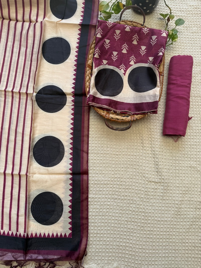 Maheshwari Silk Suit Set in Wine and Ivory