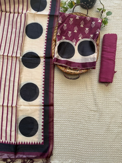 Maheshwari Silk Suit Set in Wine and Ivory