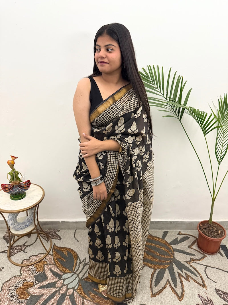 Bagru Kala - Maheshwari Cotton Silk Saree