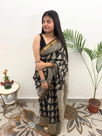 Bagru Kala - Maheshwari Cotton Silk Saree