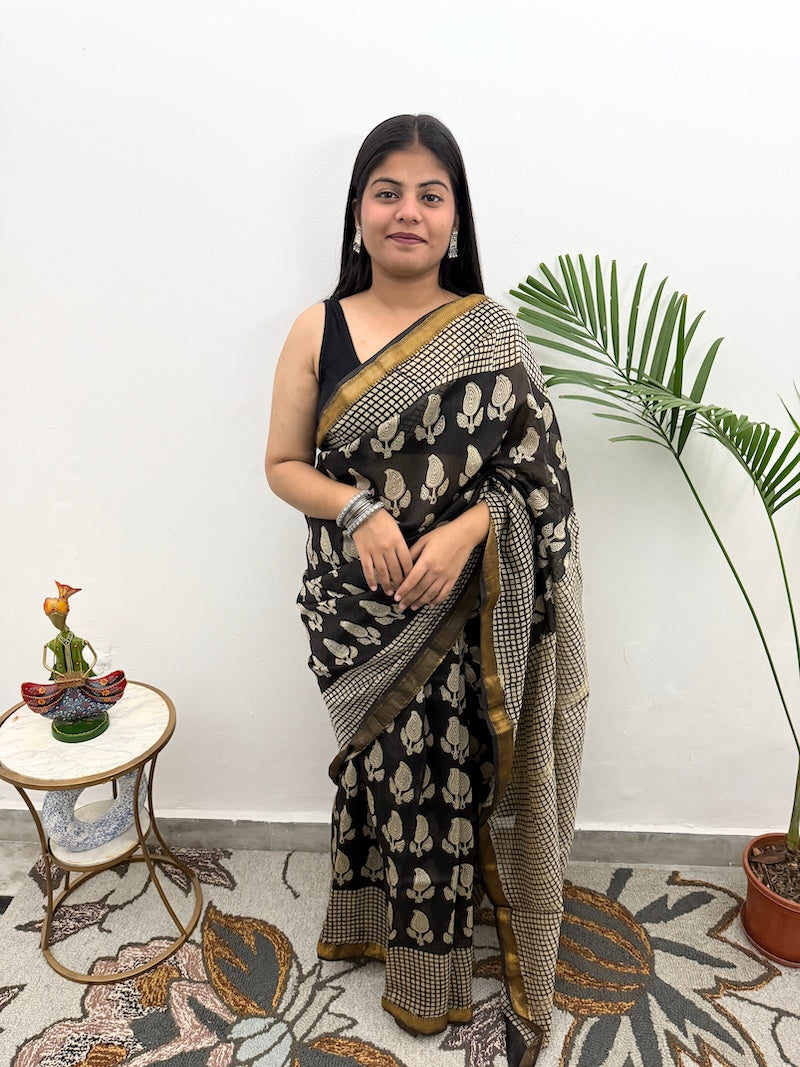 Bagru Kala - Maheshwari Cotton Silk Saree