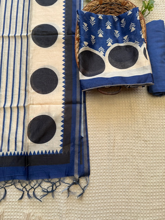 Maheshwari Silk Suit Set, Blue Digital Print | Sariverse