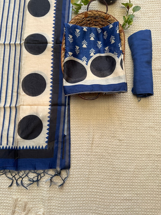 Maheshwari Silk Suit Set, Blue Digital Print | Sariverse