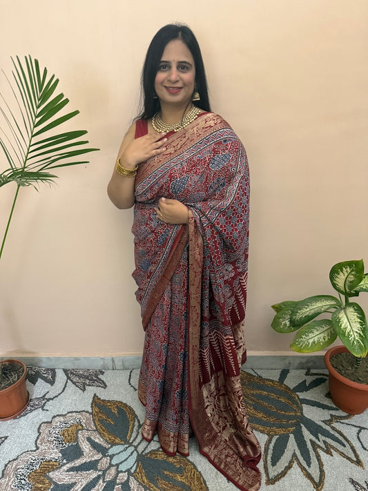 Handblock ajrakh dola silk saree