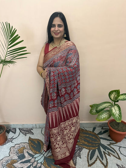Handblock ajrakh dola silk saree-1
