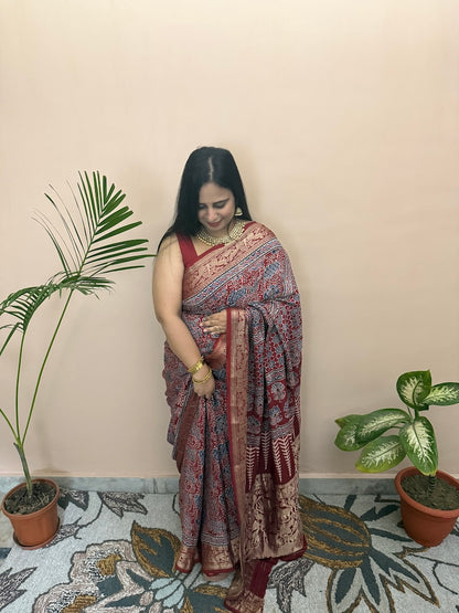 Handblock ajrakh dola silk saree-2