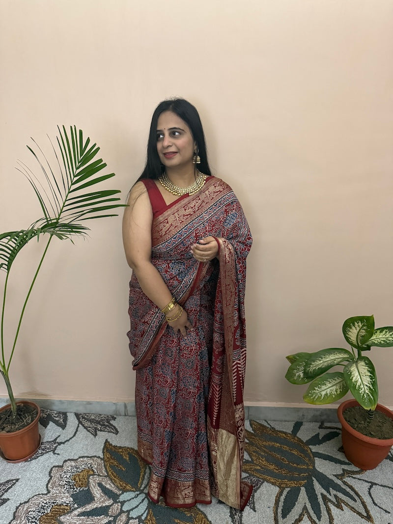 Handblock ajrakh dola silk saree-3