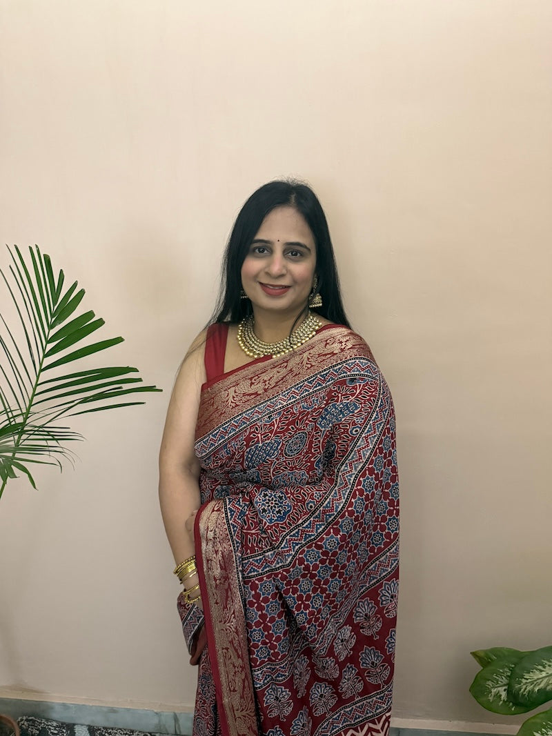 Handblock ajrakh dola silk saree-4