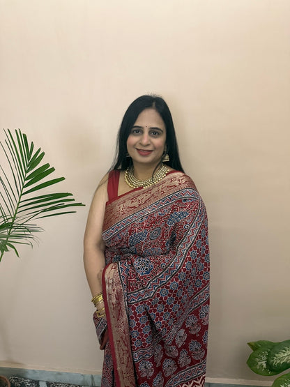 Handblock ajrakh dola silk saree-4