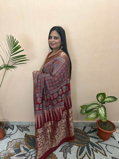 Handblock ajrakh dola silk saree-5
