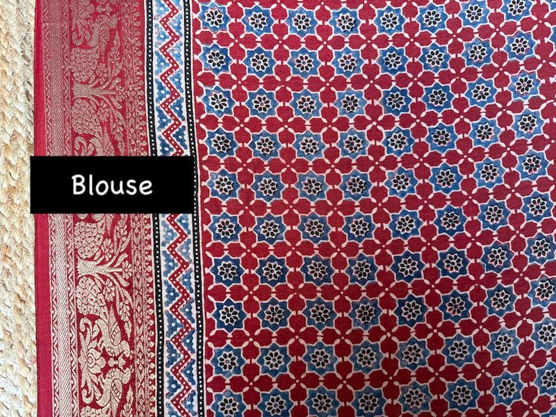Handblock ajrakh dola silk saree blouse