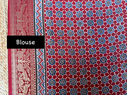 Handblock ajrakh dola silk saree blouse