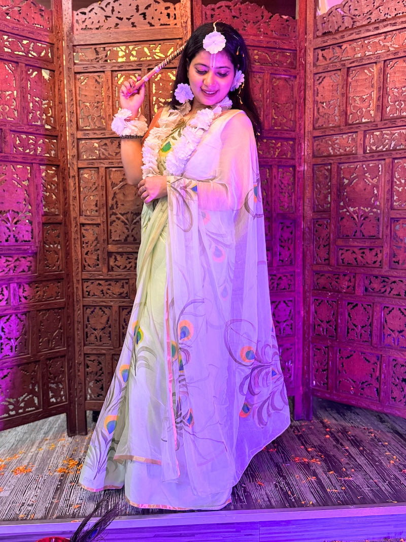 Morpankh hand painted chiffon saree