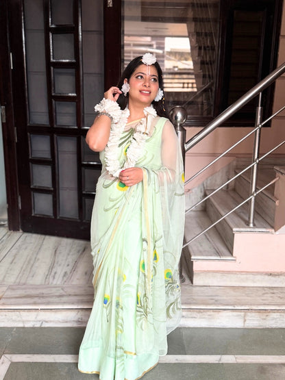 Morpankh hand painted chiffon saree