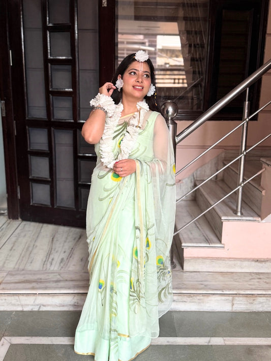 Morpankh hand painted chiffon saree