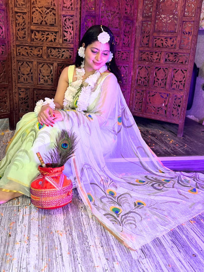 Morpankh hand painted chiffon saree