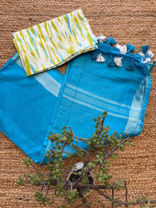 Neel Dhara – Cotton Linen Saree with Printed Blouse