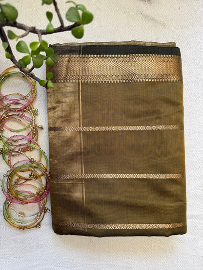Olive Aura – Handloom Maheshwari Cotton Silk Saree with Zari Border