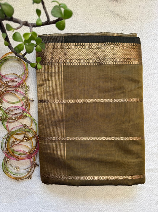Olive Aura – Handloom Maheshwari Cotton Silk Saree with Zari Border