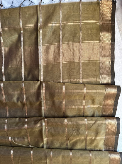 Olive Aura – Handloom Maheshwari Cotton Silk Saree with Zari Border