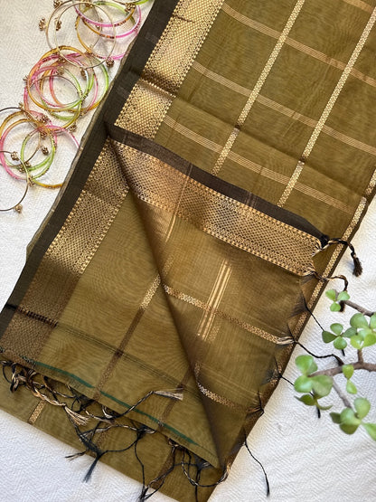 Olive Aura – Handloom Maheshwari Cotton Silk Saree with Zari Border