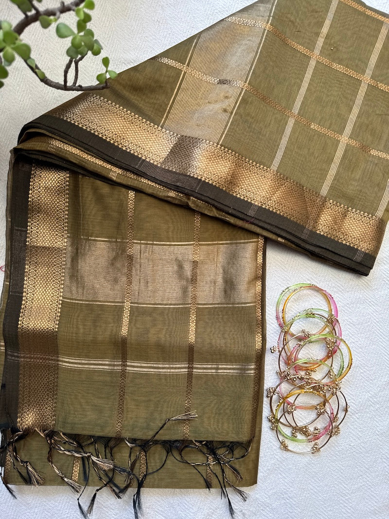 Olive Aura – Handloom Maheshwari Cotton Silk Saree with Zari Border