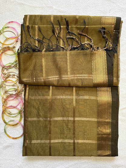 Olive Aura – Handloom Maheshwari Cotton Silk Saree with Zari Border