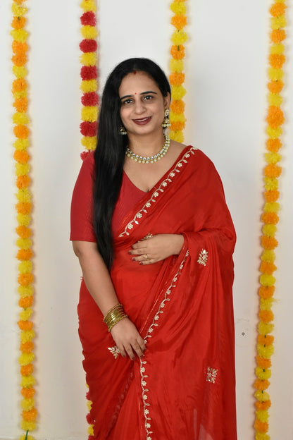 Red HO Silk Saree with Gota Patti