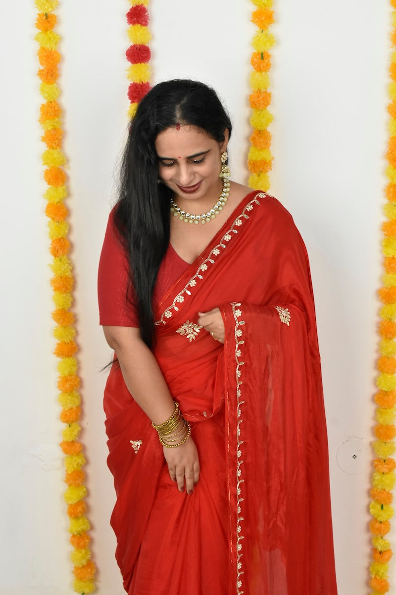 Red HO Silk Saree with Gota Patti