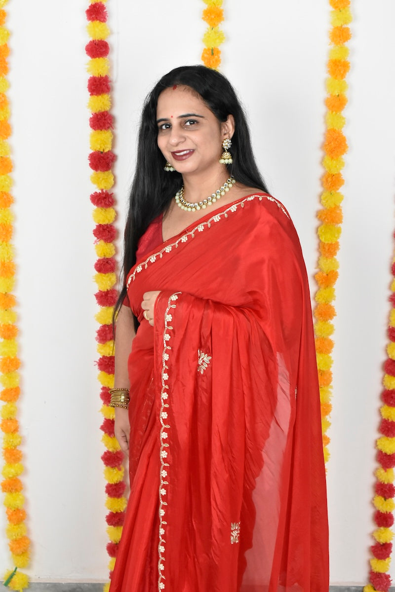 Red HO Silk Saree with Gota Patti