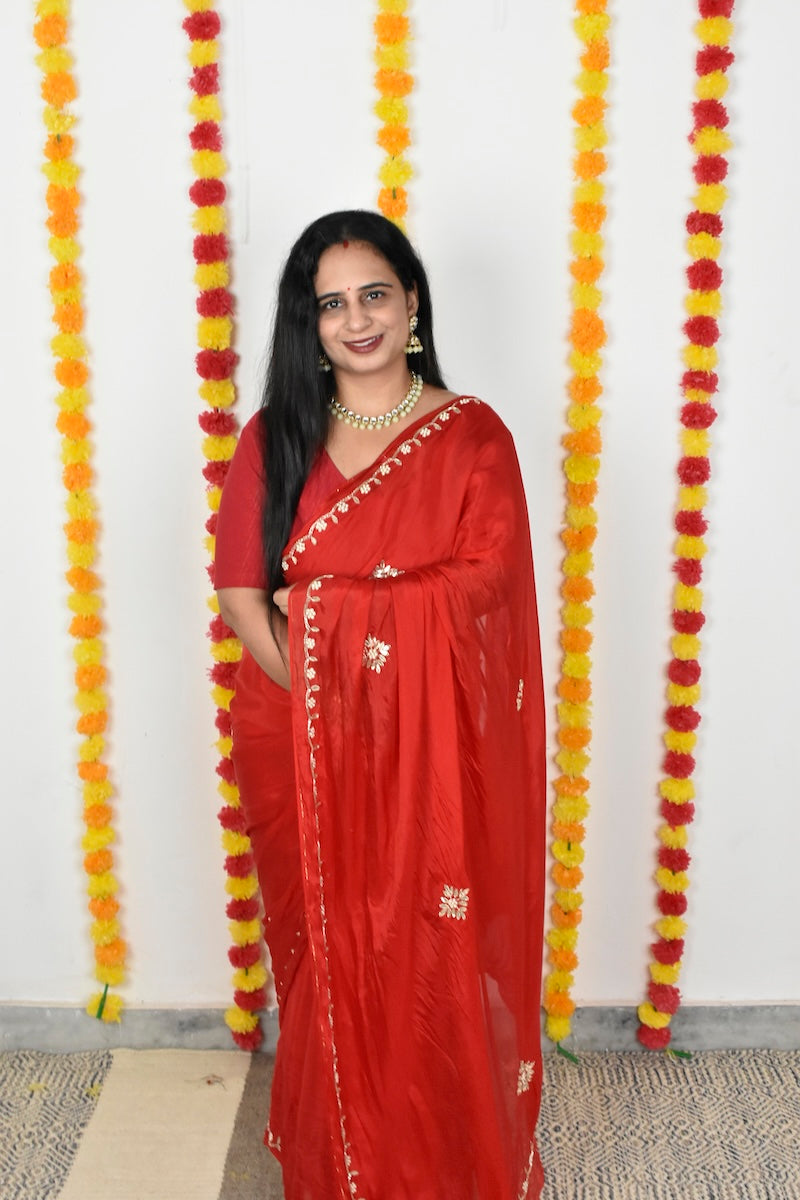 Red HO Silk Saree with Gota Patti