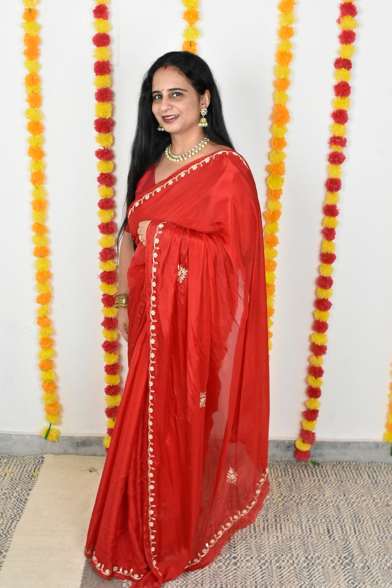 Red HO Silk Saree with Gota Patti