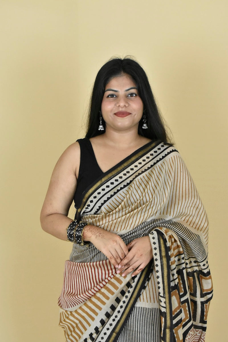 Striped Bagru Diaries Chanderi Cotton Silk Saree