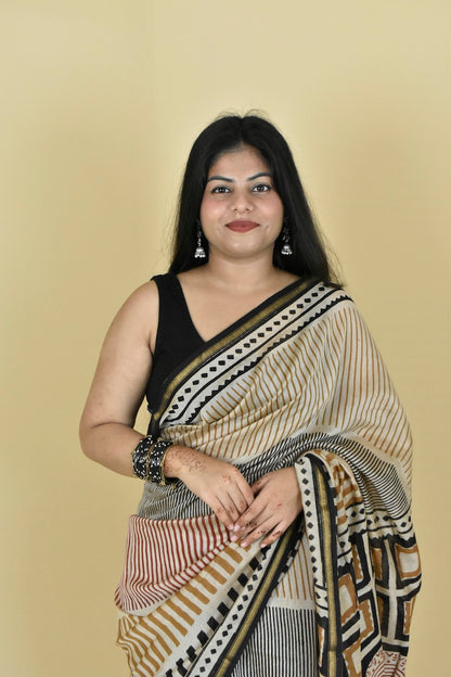 Striped Bagru Diaries Chanderi Cotton Silk Saree