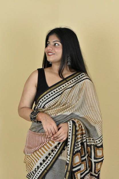 Striped Bagru Diaries Chanderi Cotton Silk Saree
