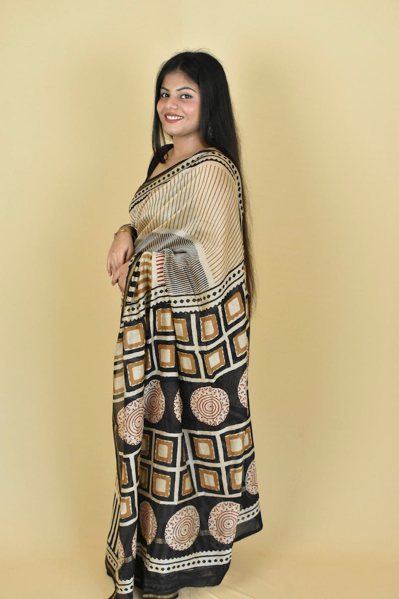 Striped Bagru Diaries Chanderi Cotton Silk Saree