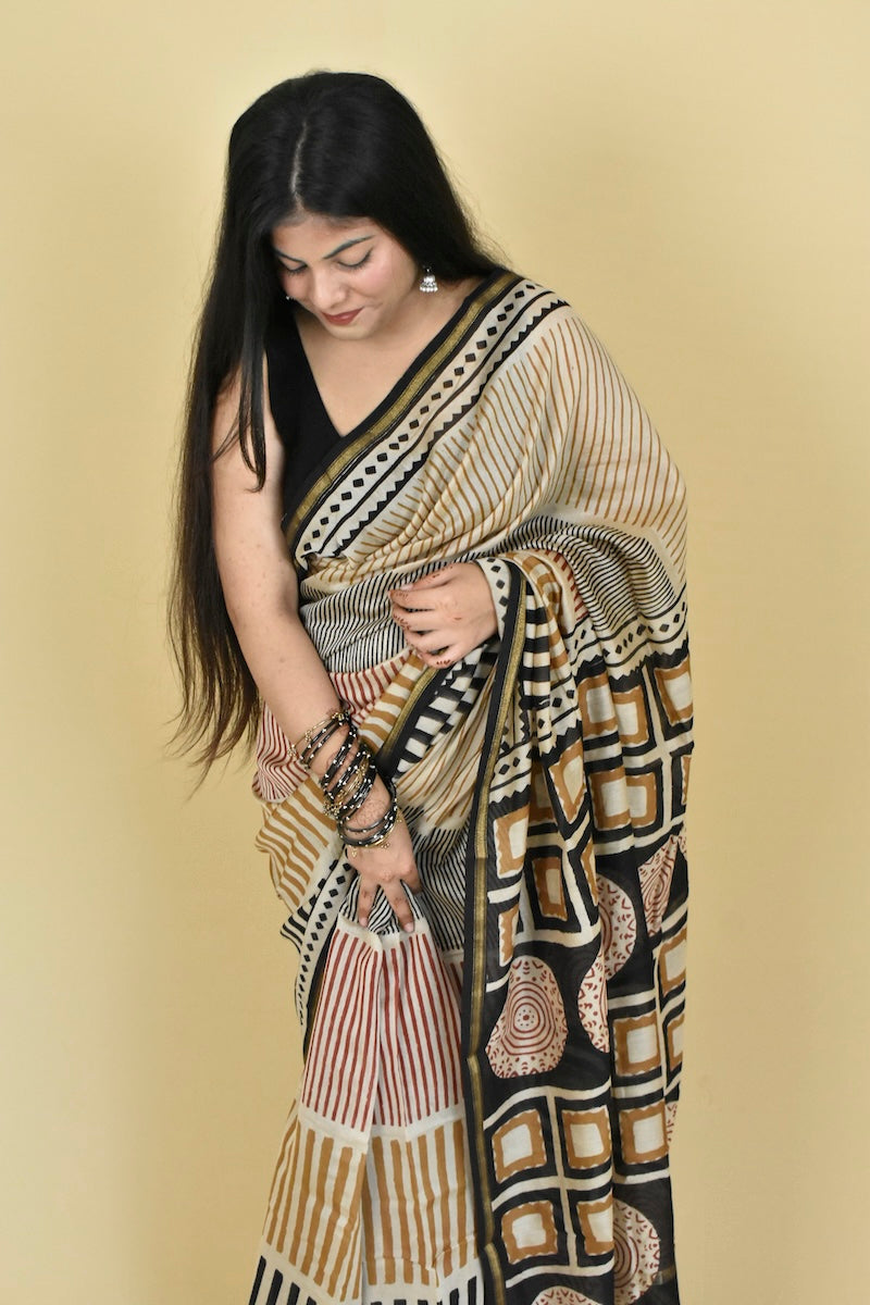 Striped Bagru Diaries Chanderi Cotton Silk Saree