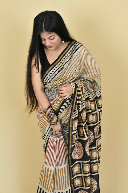 Striped Bagru Diaries Chanderi Cotton Silk Saree