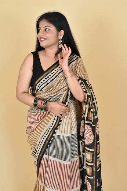 Striped Bagru Diaries Chanderi Cotton Silk Saree